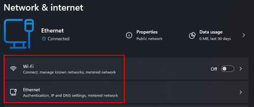 The Wi-Fi and Ethernet options in Windows' Network & Internet settings menu