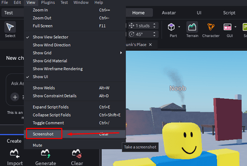 The "Screenshot" button in Roblox Studio
