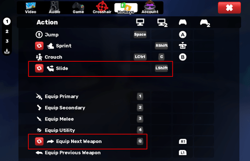An example of the settings screen with Slide and Equip Next Weapon bound in RIVALS