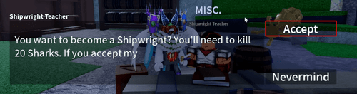 Blox Fruits Repair Boats Shipwright Teacher accept quest button