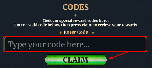 The "Type your code here..." box and CLAIM button in Dungeon Lootr