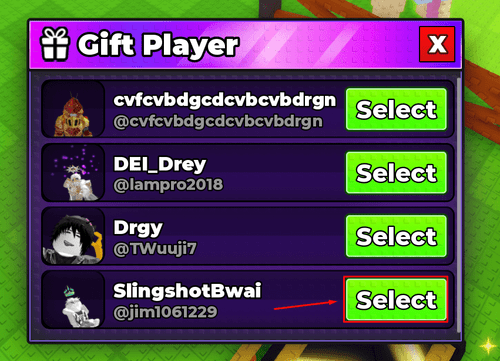 The "Select" button and gift interface in Steal An Egg