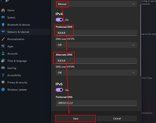 The Edit DNS settings menu with all the step highlighted