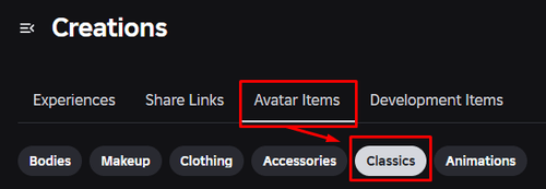 The "Avatar Items" and "Classics" buttons in Roblox's Creator Dashboard