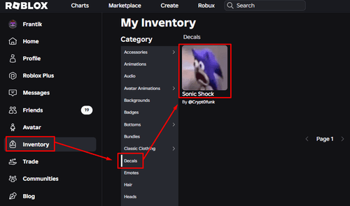 An example of the inventory on Roblox with my example decal