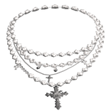 1.0 y2k cross stacked emo grunge necklace silver