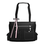 (3.0)Black Cross & Heart Charm Ribbon Bow Tote Bag