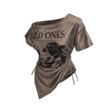 Beige Off Shoulder Sinched Graphic Tee