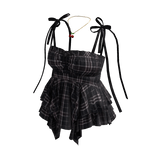 Plaid Peplum Top with Bow Straps (Black)