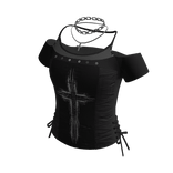 Y2K Goth Cross Off Shoulder Top w/ Chain (Black)