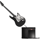 black electric guitar with a black amp