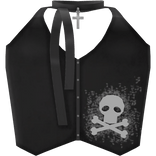 Black Emo Skull Vest Top w/ Scarf + Cross Necklace