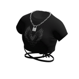 Black Heart Print Crop Top w/ Silver Lock Necklace