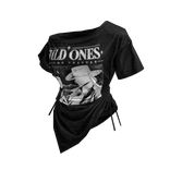 Black Off Shoulder Sinched Graphic Tee