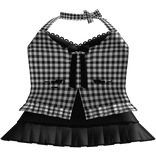 † black plaid little halter ruffled black dress