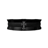 ♰ : black ruffled lace gothic chrome cross choker