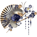 Blue Gold White Floral Traditional Japanese Fan
