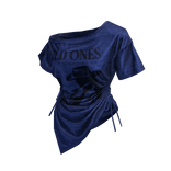 Blue Off Shoulder Sinched Graphic Tee