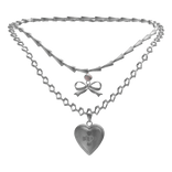 ♡ Bow & Heart Layered Necklace Silver 3.0