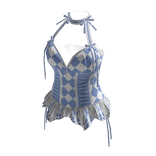 Coquette Diamond Corset Top (Blue N White)