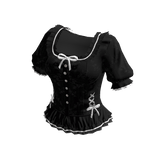 Coquette Lace Trim Button Dress (Black)