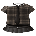 cute brown plaid dress shirt & tie + mini skirt