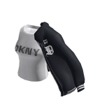 DKNY Lycra Top with Varsity Jacket over Shoulder