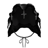 Emo Goth Dark Ruffled Veil w/ Cross - Black