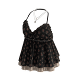 Floral Lace Trim Babydoll Top (Black)