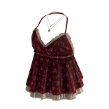 Floral Lace Trim Babydoll Top (Burgundy)