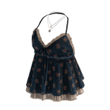 Floral Lace Trim Babydoll Top (Navy)