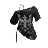 Goth Cross Print Wrap Crop Top (Black)
