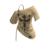 Goth Cross Print Wrap Crop Top (Cream)