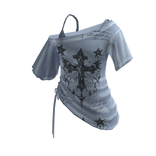 Goth Cross Print Wrap Crop Top (Light Blue)