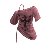Goth Cross Print Wrap Crop Top (Pink)