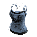 Goth Graphic Halter Crop Top (Light Blue)