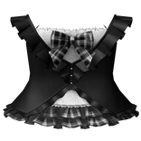 gothic plaid ruffle dress w bow - black white