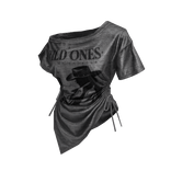 Gray Off Shoulder Sinched Graphic Tee