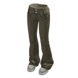 Double Button Flare Jeans w/ Sneakers (Olive)