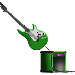green electric guitar with a green amp