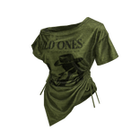 Green Off Shoulder Sinched Graphic Tee
