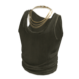 Green Ribbed Tank Top w/ Gold Chains Necklaces