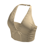 Halter Neck Top Beige Leather Hem Knot Tee Shirt