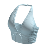 Halter Neck Top Blue Leather Hem Knot Tee Shirt