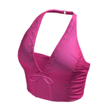 Halter Neck Top Pink Leather Hem Knot Tee Shirt