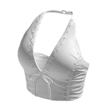 Halter Neck Top White Leather Hem Knot Tee Shirt