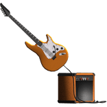 orange electric guitar with a orange amp