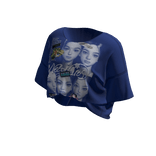 oversized tucked-in blue graphic shirt