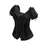 Plaid Corset Top with Puff Sleeves (Black)