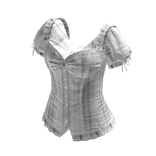 Plaid Corset Top with Puff Sleeves (White)